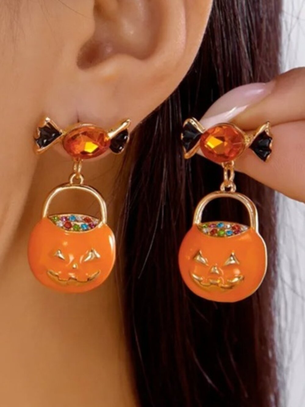 DESIGNER Halloween Pumpkin Candy Pail Orange Enamel/Multicolor Crystal Earrings